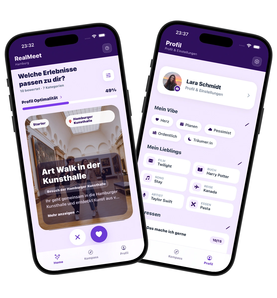 RealMeet App Mockup mit Erlebnis-Auswahl und Profilansicht